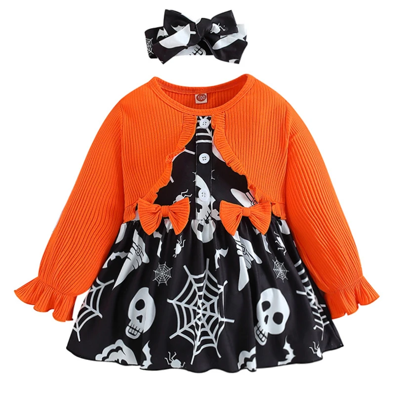 

2Piece Fall Newborn Girls Clothes Halloween Jumpsuits Cartoon Print Cute Bow Long Sleeve Bodysuit+Headband Baby Clothing BC1396