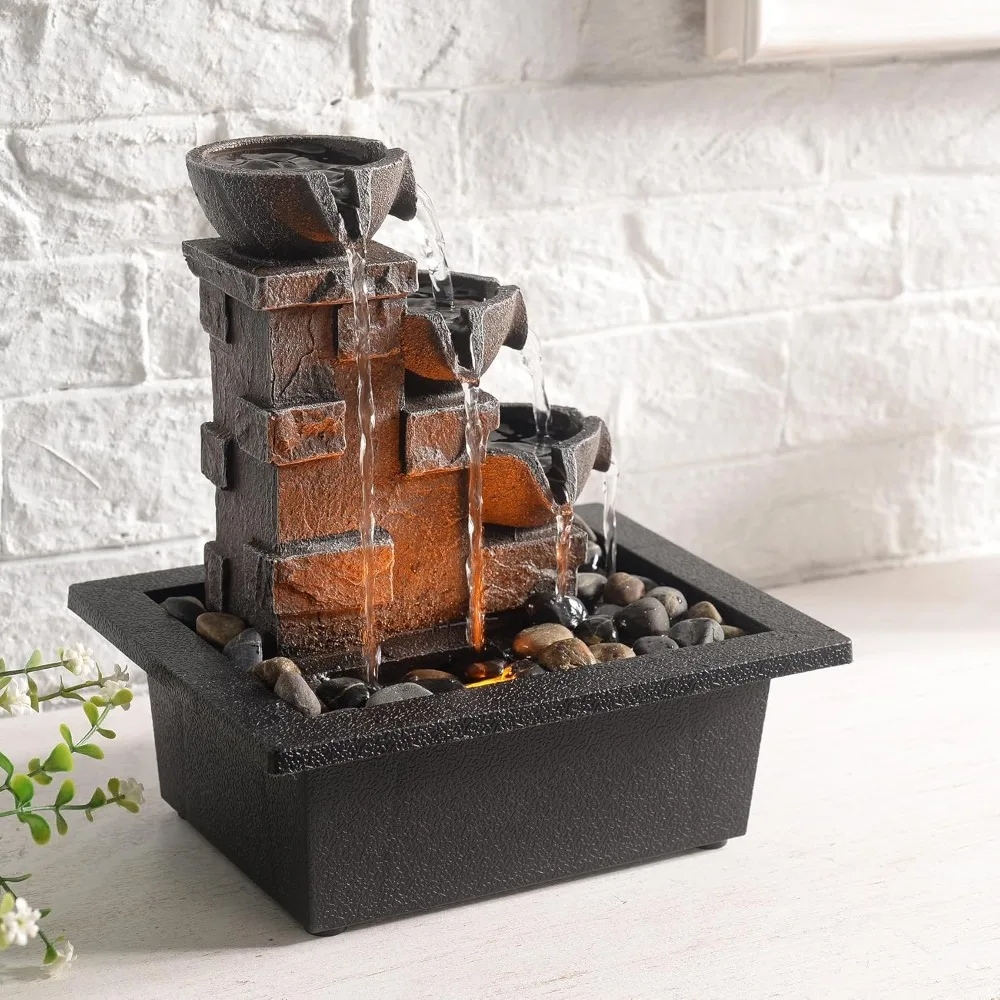 نافورة شلال زن من 3 طبقات مع أضواء LED - ديكور سطح المكتب من صخور النهر الطبيعي للتأمل والاسترخاء في المكتب #2