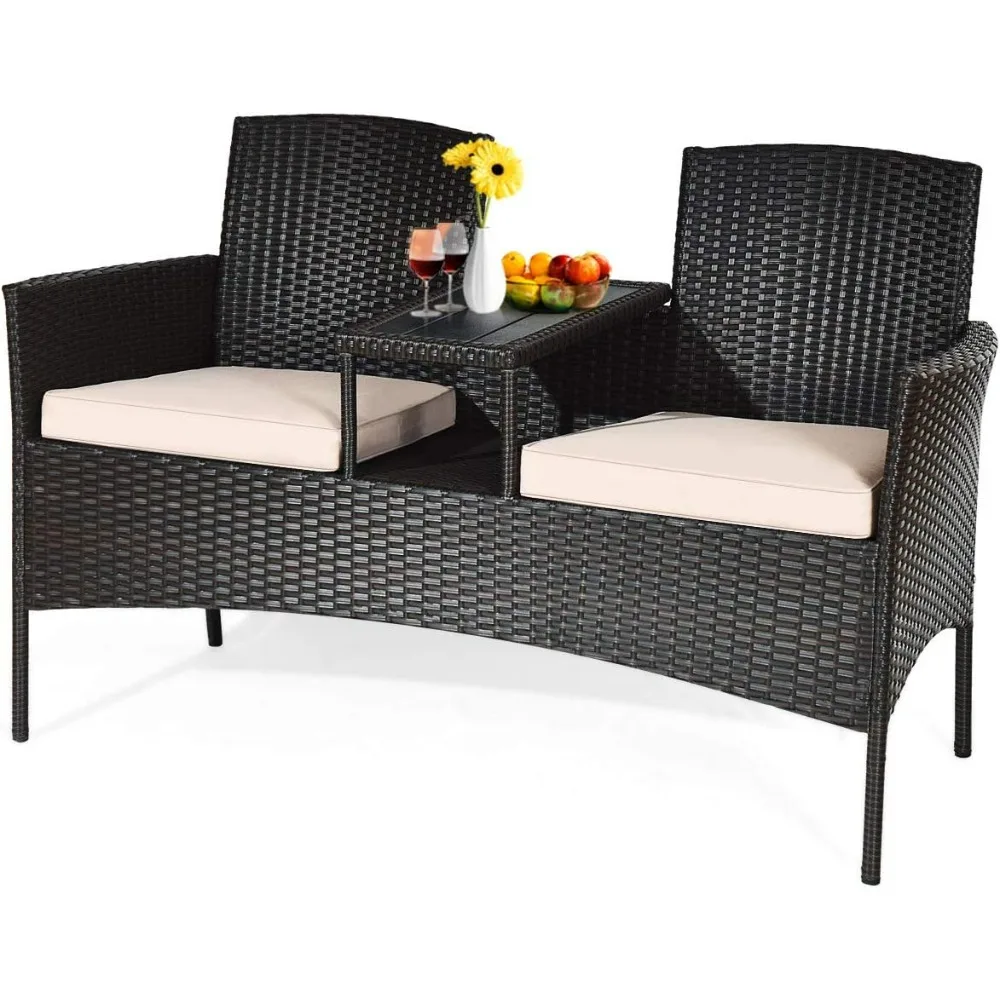

Outdoor Loveseat With Removable Cushions And Coffee Table, Rattan Patio Wicker Conversation Set For Garden Lawn Backy
