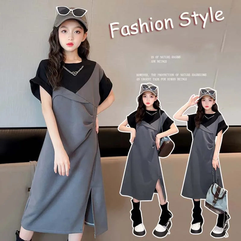 2025 الكورية الصيف المراهقات فتاة فستان من قطعة واحدة الأطفال فتاة التباين فستان مستقيم فساتين الاطفال فستان أنيق لفتاة