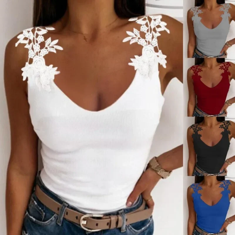 Summer New Sexy Tank Tops for Women Fashion Lace Straps U Collar Solid Color Y2K Casual T-shirt Tee Tunic Grace Ladies Clothing