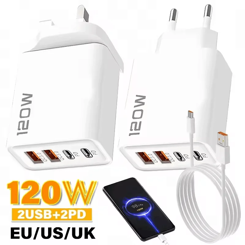 120W USB C Charger 4 Ports Quick Charge EU/US/UK Plug Travel Wall Charger Adapter Multi Port Type C Fast Charging Power Charger