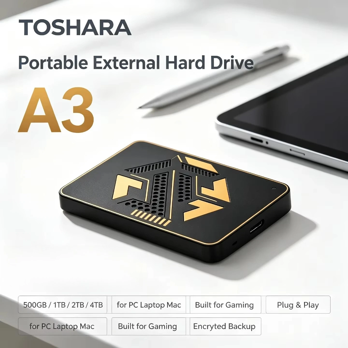 TOSHARA A3 Portable External SSD Secure Office Data Backup with Encrypted Drive for PC Laptop Mac 4TB 2TB 1TB 500GB