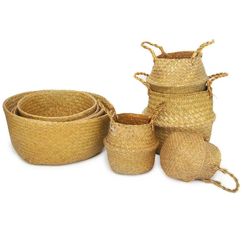 

Handmade Rattan Plant Basket Wicker Laundry Organizer Seagrass Flower Pot Foldable Storage Basket for Home Garden Room Decor