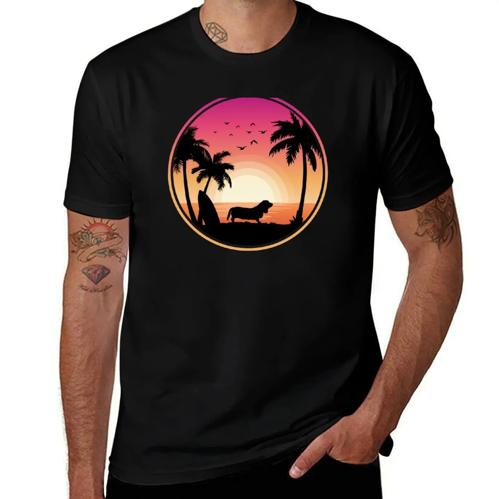 Basset Hound Dog Beach Sunset T-Shirt Utility Casual Work T-Shirt