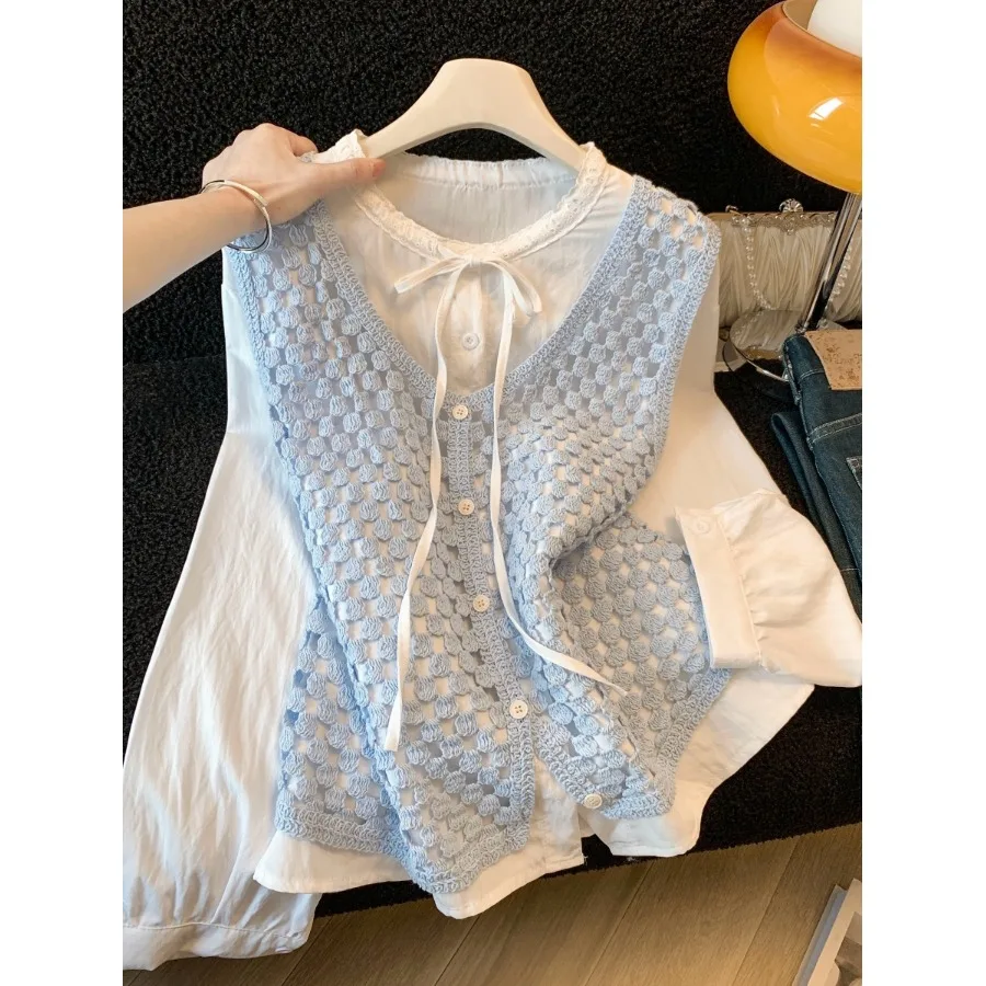 

Синий укороченный топ с рукавами-колокол и вырезами, а также жилет, комплект из двух предметов, женский, весна-осень, корейский дизайн, модная рубашка с рукавами