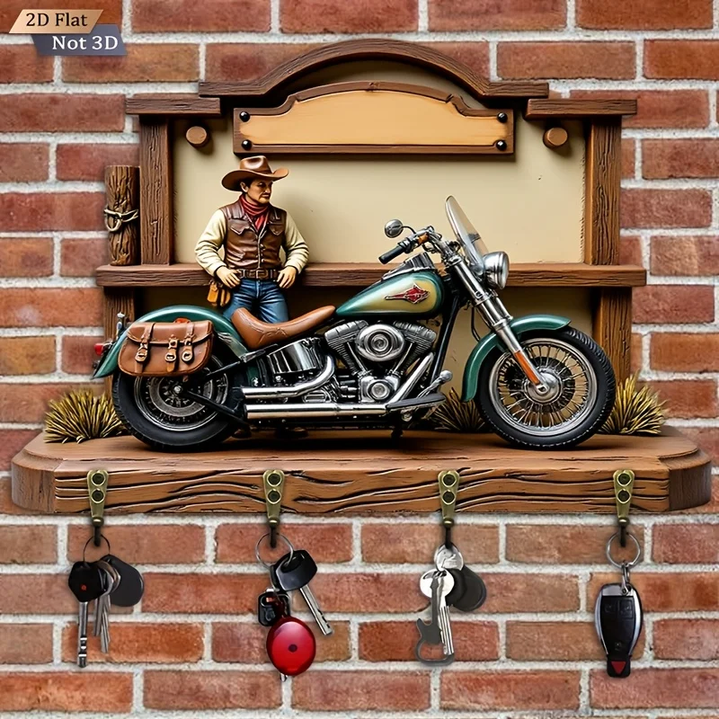 2D Flat. 1pc. Western Cowboy Motorcycle-shaped Key Hook - Wooden Multifunctional Decorative Key Rack, with four metal hooks,