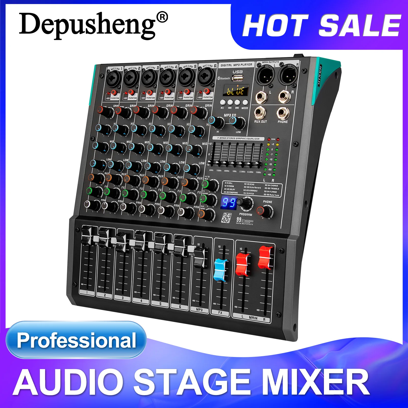 6 Channel Sound Mixer Depusheng PA6 Audio Mixing Console Bluetooth USB Record Computer 48V Phantom Power Delay Repaeat 99 Effect