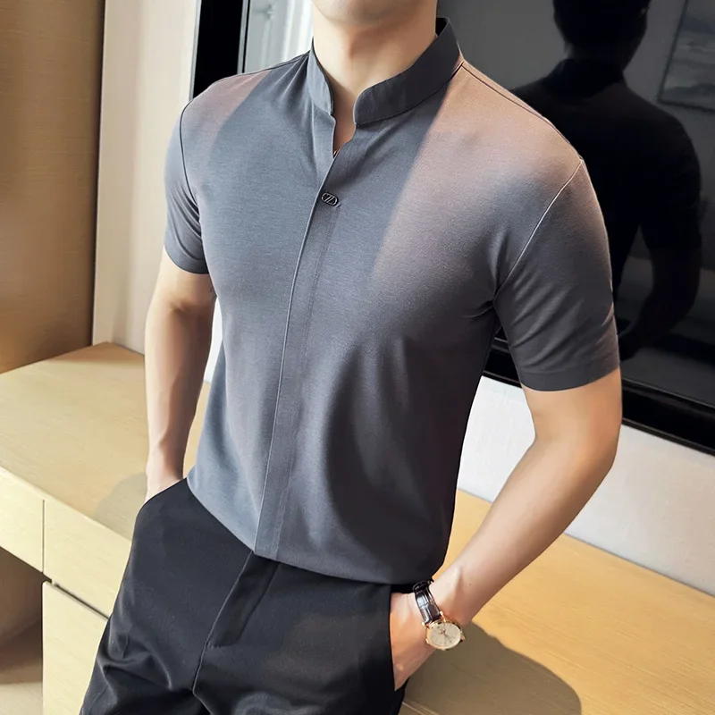 Camisa POLO de alta elasticidad para hombre, camiseta informal de manga corta con cuello levantado chino fino, Color sólido, novedad de verano 2024