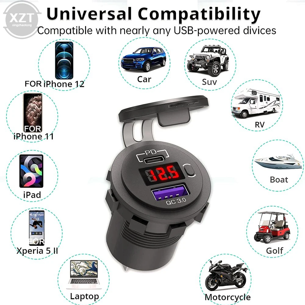 

Dual PD+QC 3.0 USB Quick Car Fast Charger Car Switch Power Socket Outlet 12V/24V Type Adapter Motorcycle Voltmeter Light Boat RV