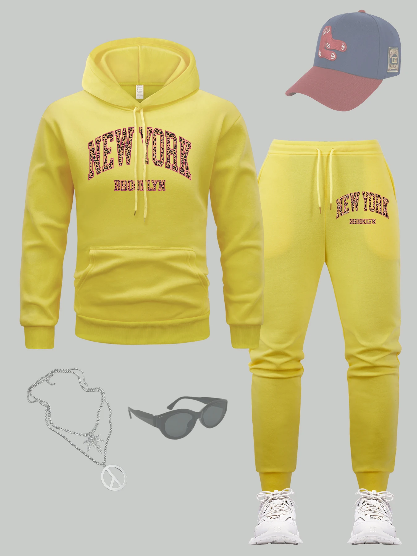 

New York Brooklyn City Print Hoodie Set Men Pocket All-Match Pullover Autumn Fleece Sweatpant Loose Fashion Clothing Sets