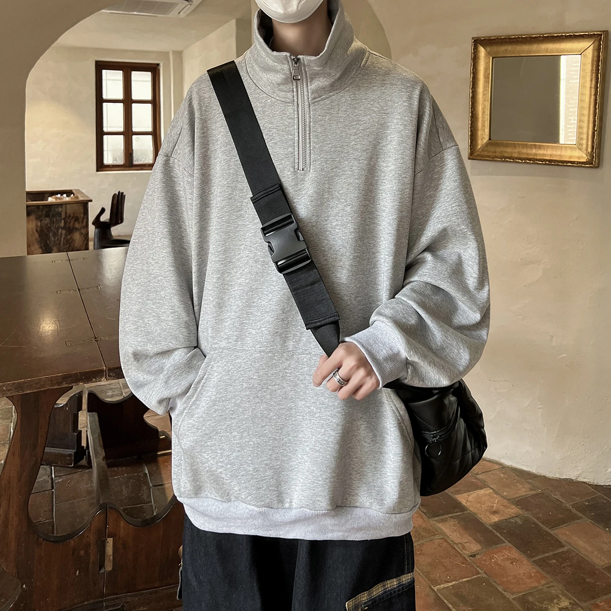2026 Spring Men Stand Collar Hoodies Men Korean Fashion Pullover Man Loose Jacket Man Streetwear Soild Color Sweatshirt
