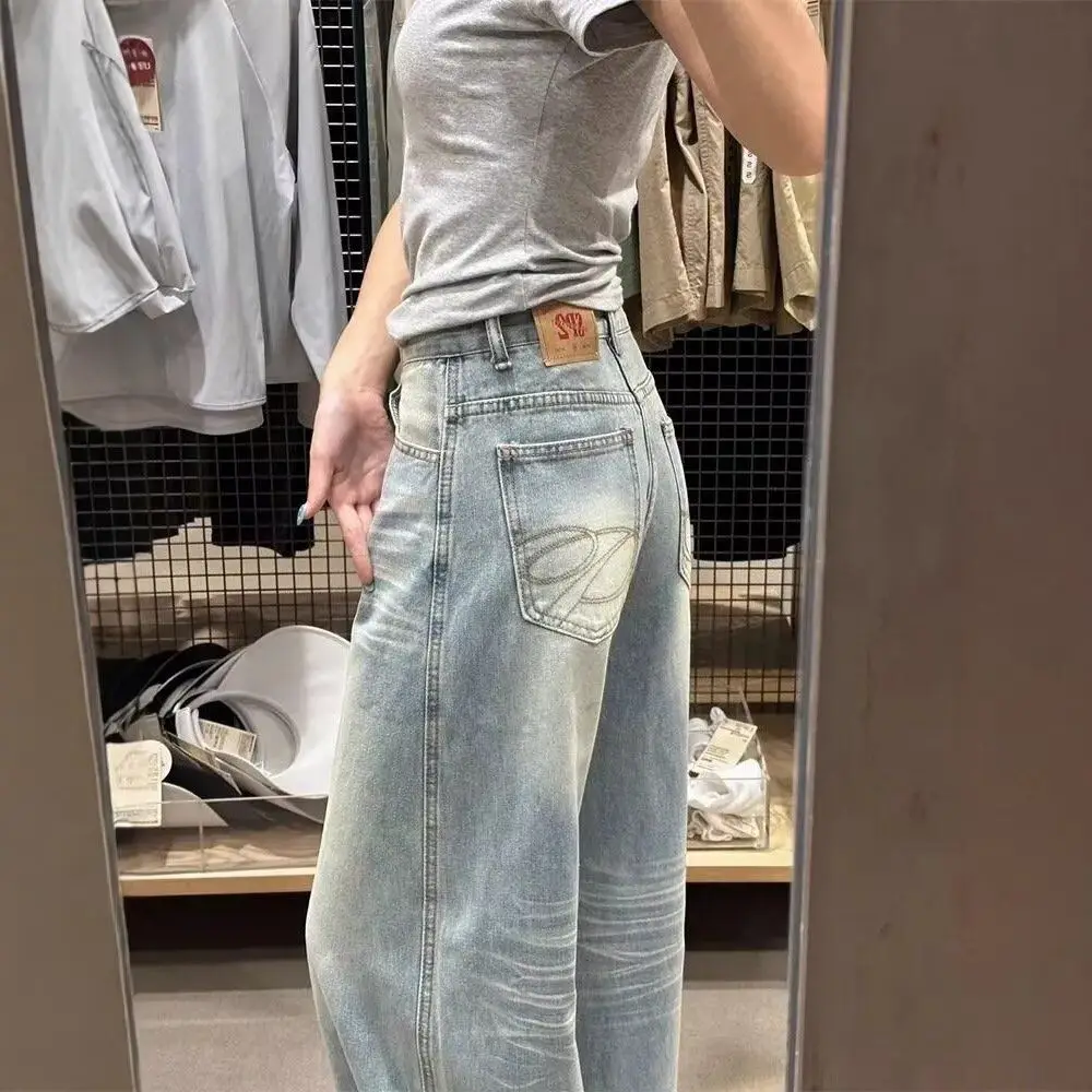 

Ретро джинсы с высокой талией и широкими штанинами для женщин, свободного кроя, летние/осенние, прямые, в пол, с драпировкой, повседневные, синие, из денима