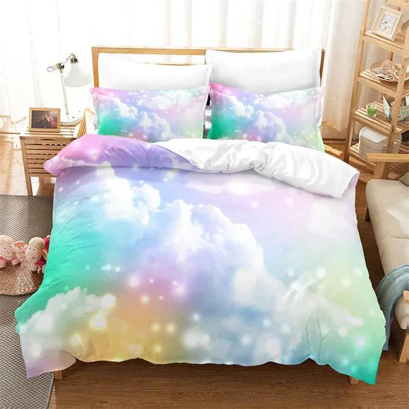 Dream Cloud Bedding Set Rainbow Sky Pink Blue Duvet Cover Queen Microfiber Comforter Cover For Kids Teens Adults Bedroom Decor