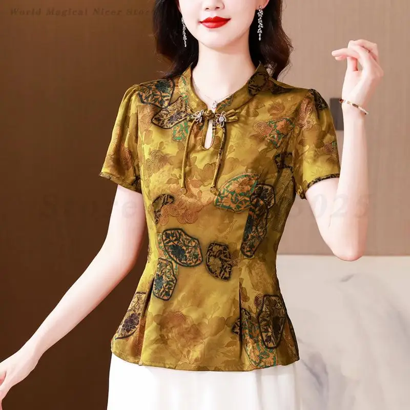 

New Chinese Style Slim Shirt Retro Printed Cheongsam Top Plus Size 5XL Cheongsam Blouses Traditional Mandarin Collar Tang Suit