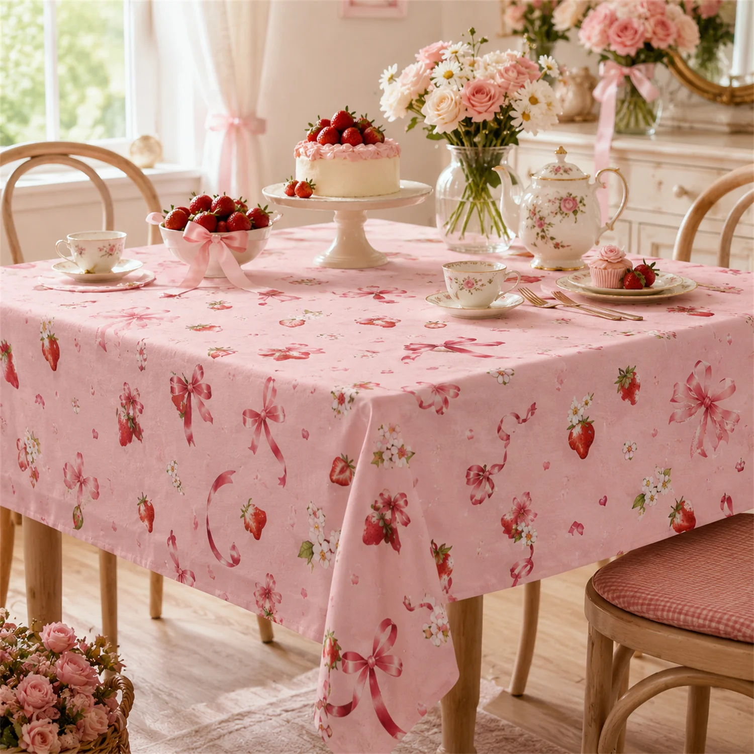 Pink Strawberry Bow Tablecloth Floral Ribbon Print Dining Table Cover Cottage Kitchen Party Wedding Home Decor