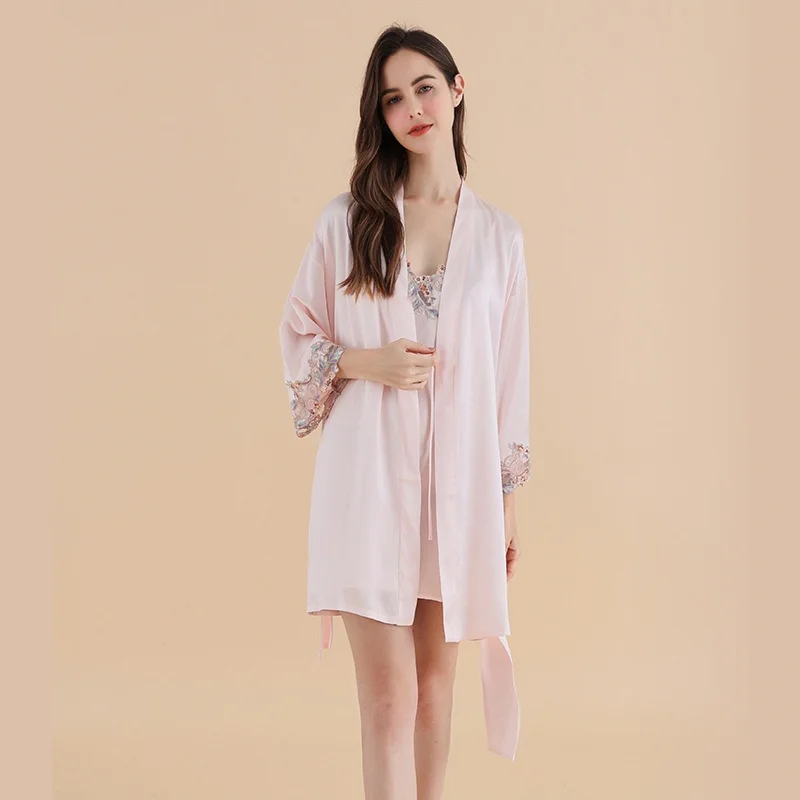 Long Sleeve Silk 2-Piece Robe With Nighgown Set Embroidery Lace Nightwear Women 100% Mulberry Silk Pajamas Crepe Satin Robes