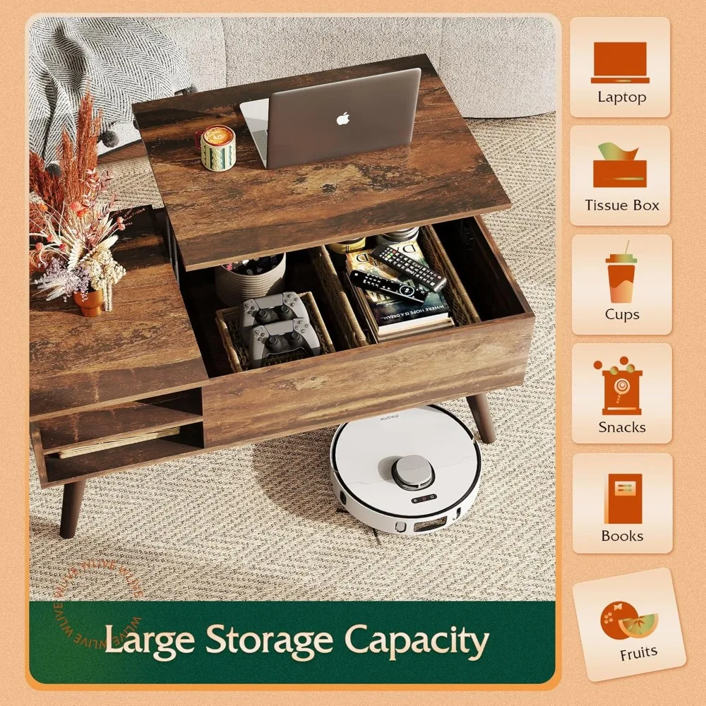 Mesa de centro elevable de madera con compartimento oculto