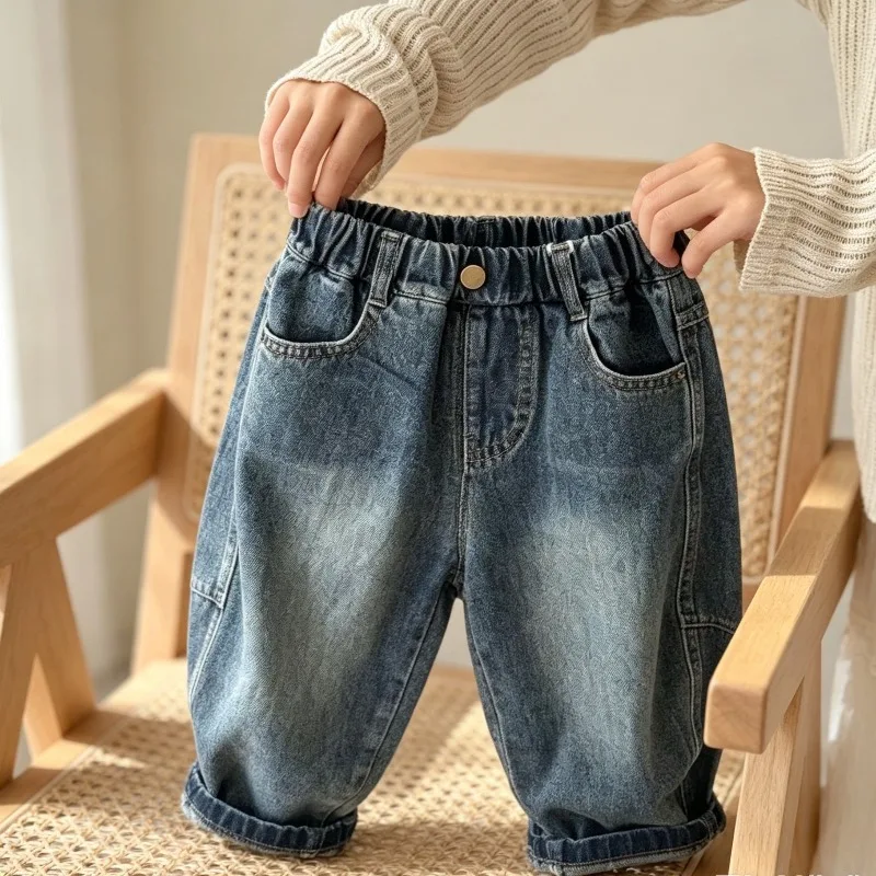 2026 Children Boys Jeans RAISE Autumn 1-6Yrs Kids Boys Denim Pants Retro Dinosaur Printed Pocket Toddler Babys Boy Trousers