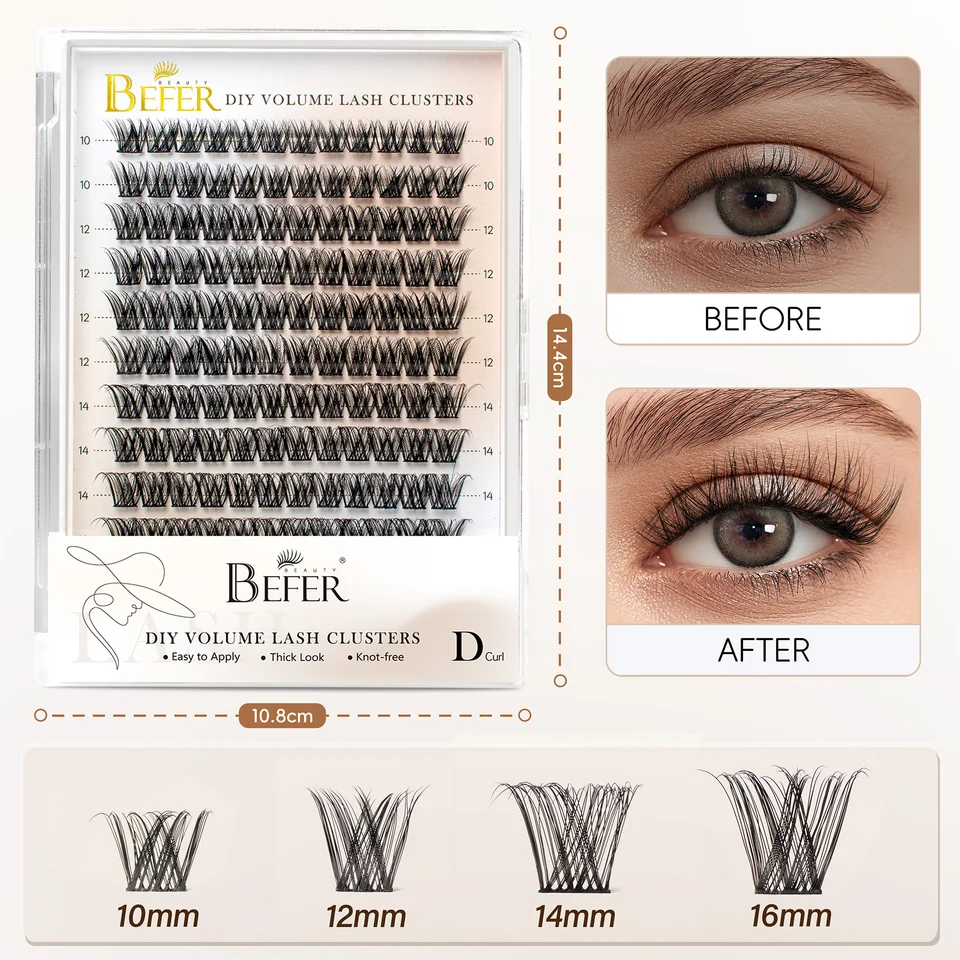 BEFER racimos de pestañas curva D, extensión DIY, esponjosos, volumen, individuales, naturales, postizos 3