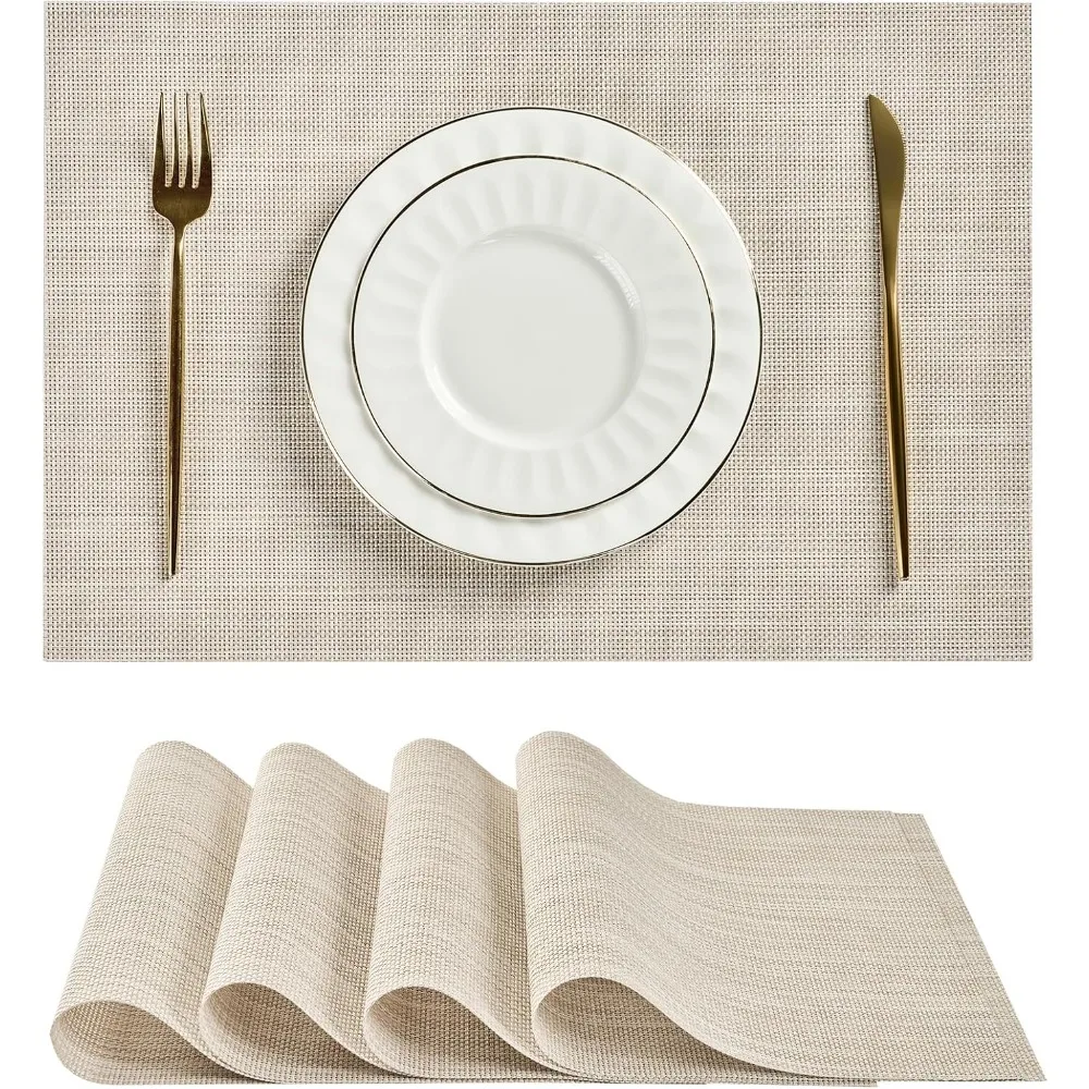 

Beige White Placemats Set of 4 - Heat Resistant Non-Slip Place mats for Dining Table, Washable Durable PVC Vinyl Wove