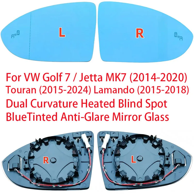 For VW Golf 7 / Jetta MK7 14-20 Touran 15-24 Lamando 15-18 Dual Curvature Heated Blind Spot BlueTinted Anti-Glare Mirror Glass