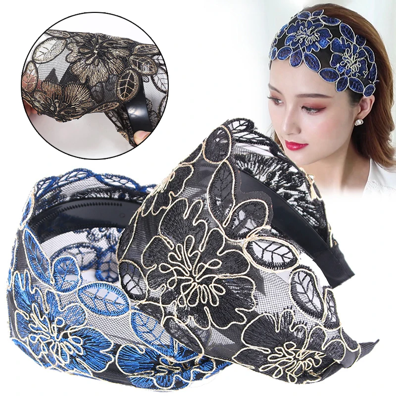 

Vintage Embroidery Lace Flower Hair Hoop Wide Hairbands Women Mesh Adjustable Non Slip Elegant Headwear