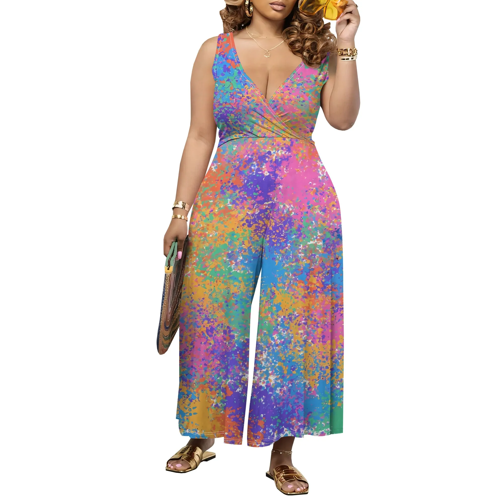 Nupusa Jumpsuit met kleurrijke wervelprint voor dames, standaardmaat, zomer, casual jumpsuit met V-hals en wijde pijpen