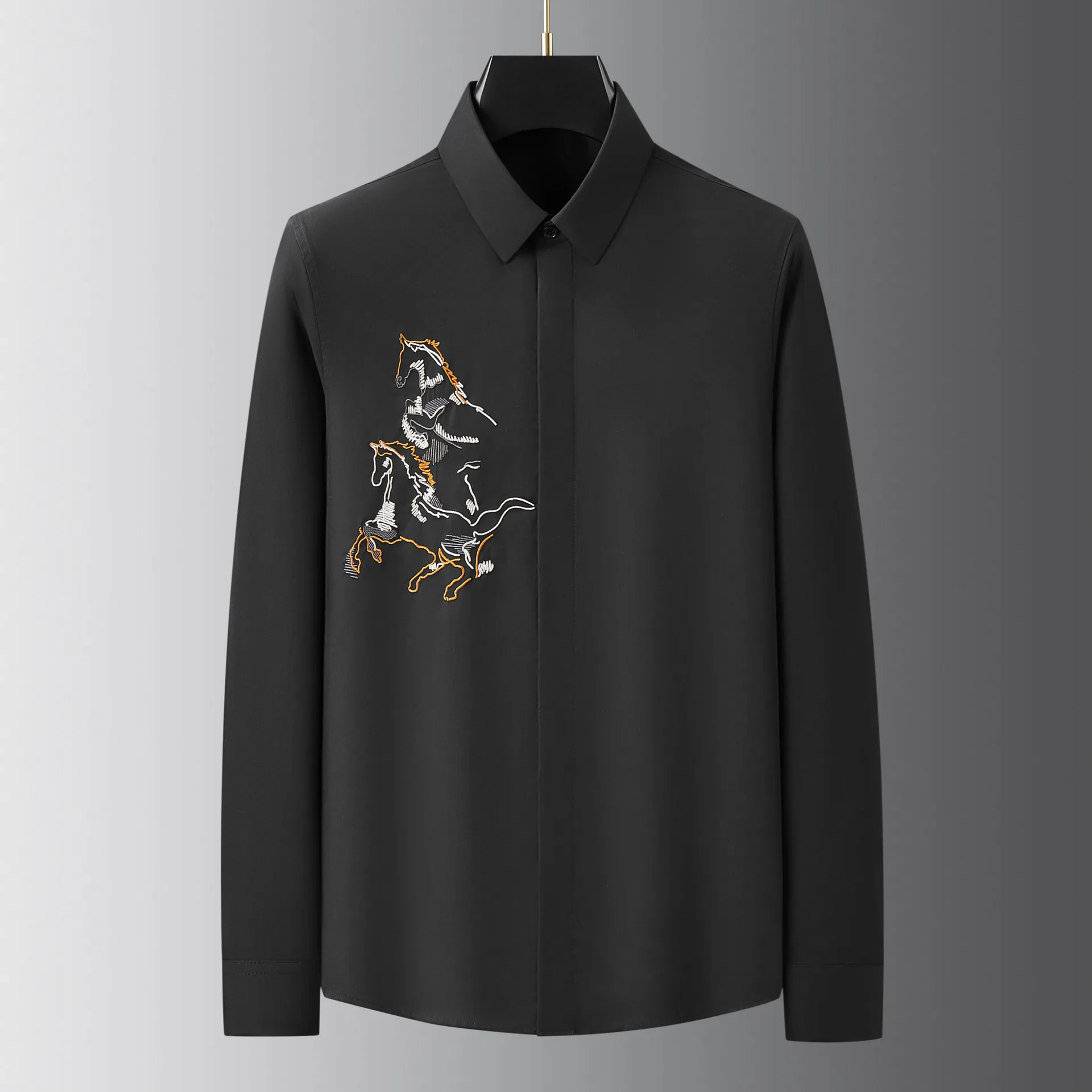 Luxury Horse Embroidered Shirt for Men Long Sleeved Slim Fit Casual Shirt High Quality Business Social Banquets Dress Shirts