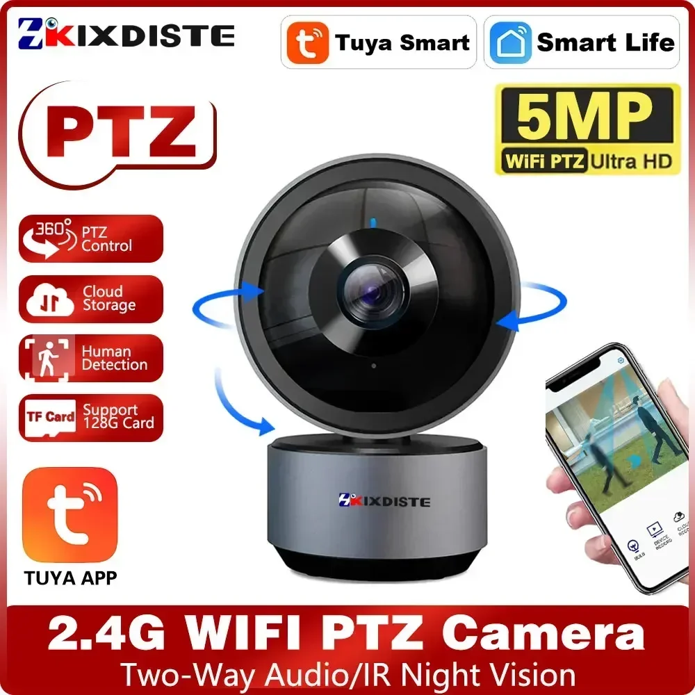 

Tuya WIFI PTZ-камера 5MP Черная внутренняя радионяня Умный дом Беспроводная камера ночного видения P2P IP-камера видеонаблюдения 2K