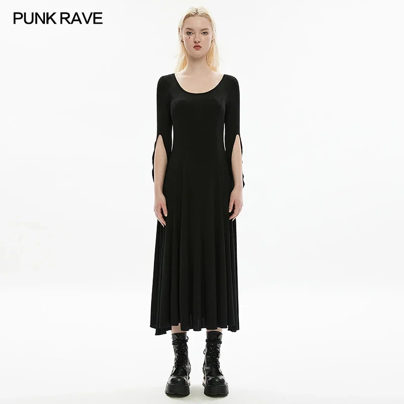 

PUNK RAVE Women's Round Neck Drip Sleeve Soft Knitted Large Hem Dress Gothic Lace Lining Daily Black Long Dresses for Women