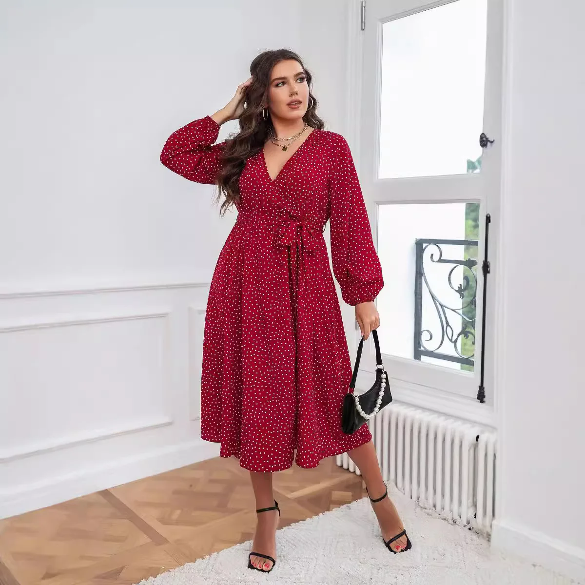 Temperament red plus size dress temperament commuting polka dot long sleeves drag costume