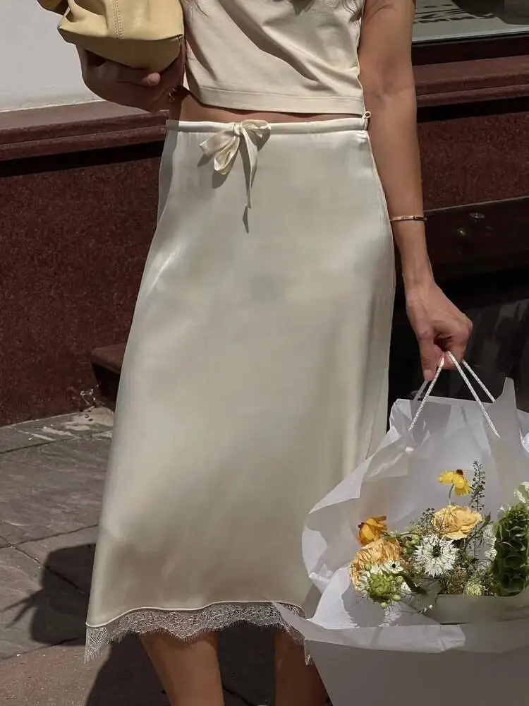 

Blifanbo кружевная сексуальная юбка сбоку для женщин, элегантная тонкая модная однотонная лоскутная женская длинная юбка с высокой талией на шнуровке 2025