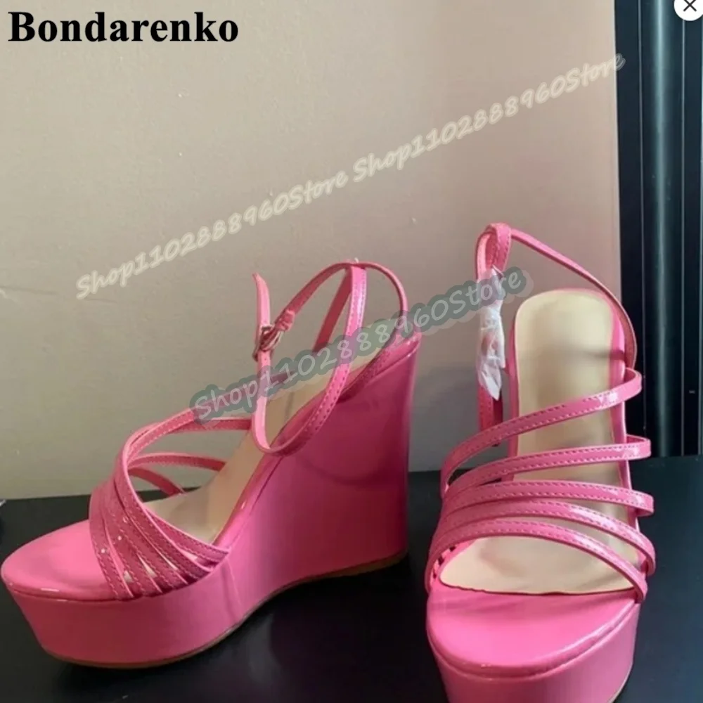 

Pink Glossy Narrow Leather Strappy Platform Sandals Wedges High Heel Women Shoes Ankle Buckle Strap Open Toe Zapatos Para Mujer