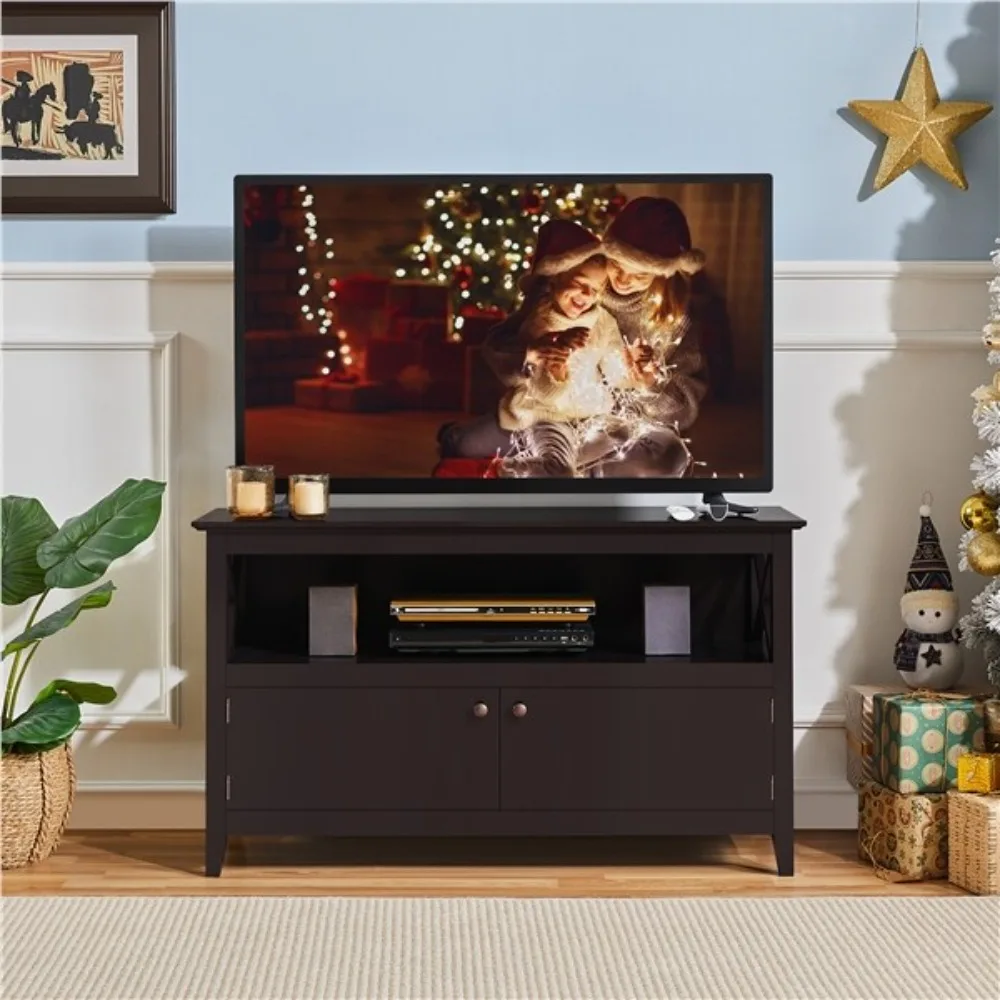 Mueble de TV moderno de madera de 41,7 pulgadas, unidad de almacenamiento, estantes para sala de estar, puertas, color marrón