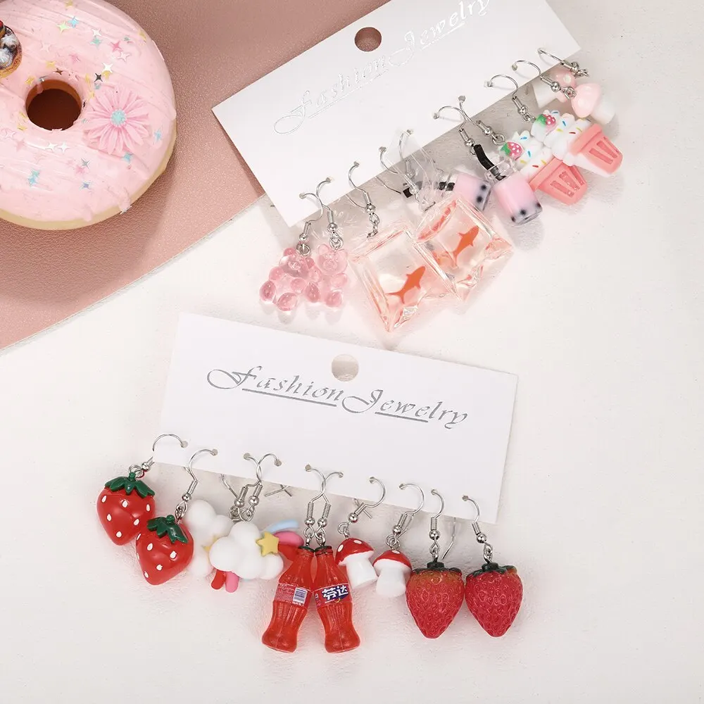 10Pcs Sweet Fruit Drink Daisy Drop Earring Set Cute Cartoon Food Ice Cream Donut Funny Resin Earrings Women Girls Jewelry