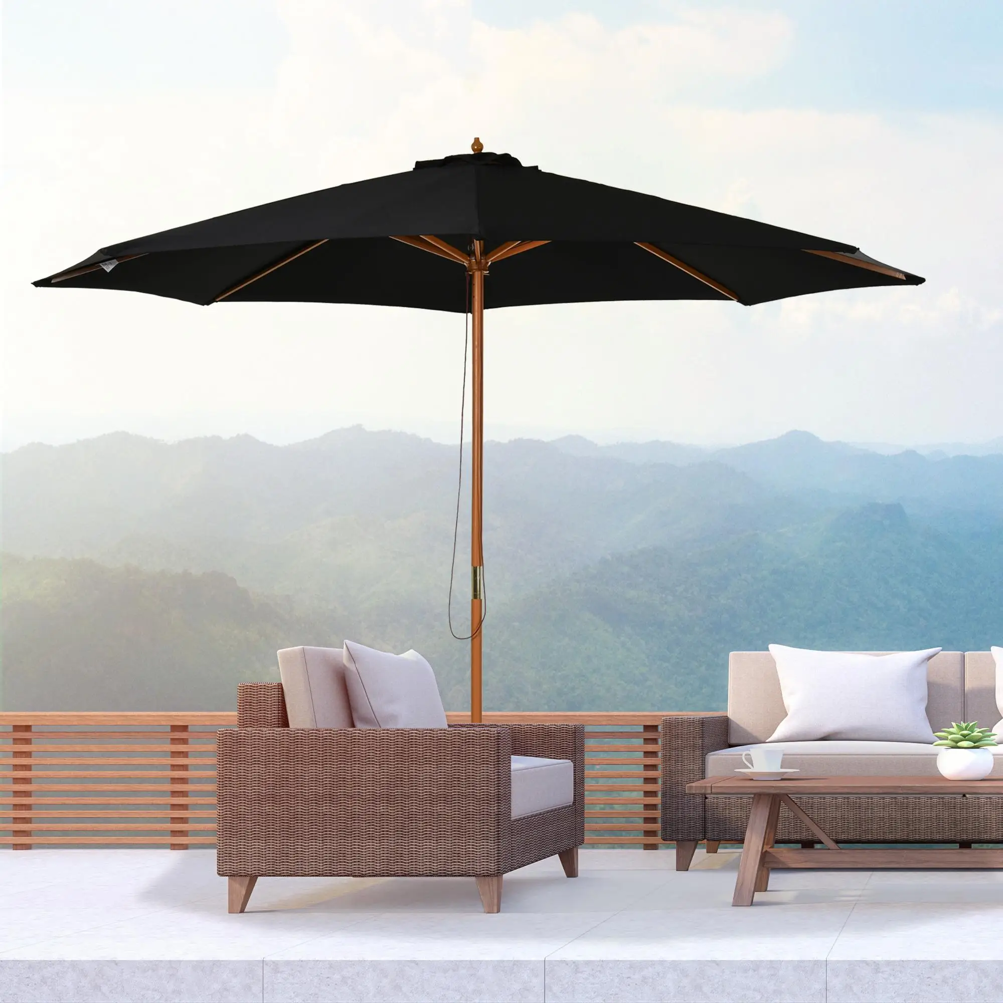 Parasol de terrasse noir Ø 300 cm avec système de rouleau et structure de toit ventilée pour jardin