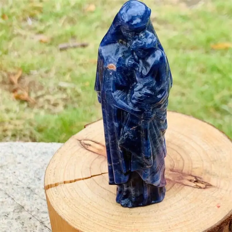 

10CM Natural Blue Sodalite Madonna Carving Handmade Carved Crafts Figurine Healing Ornament Room Decor 1PCS