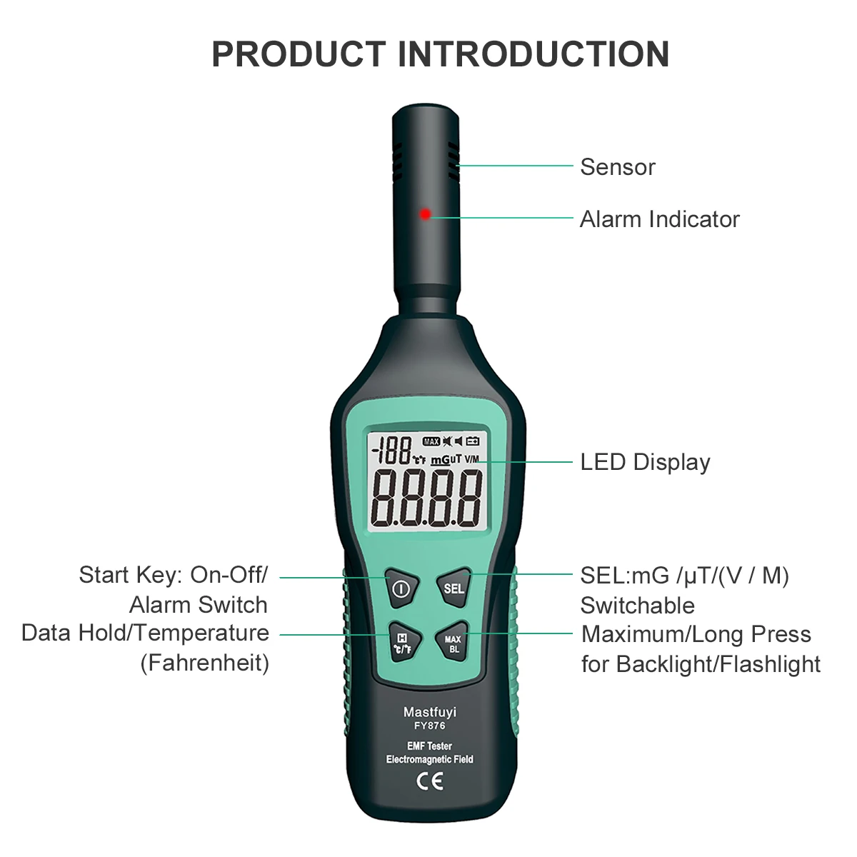 Mastfuyi EMF Meter rilevatore di radiazioni elettromagnetiche Tester di radiazioni a onde elettromagnetiche Monitor di radiazioni FY876 nero