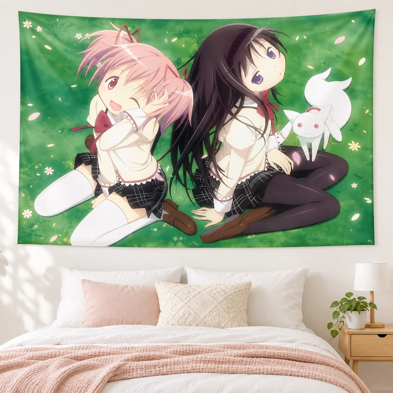 Madoka Magica Anime Tapestry Cute Madoka Homura Kyubey Print Wall Hanging Dorm Bedroom Background Decor Anime Fan Gift