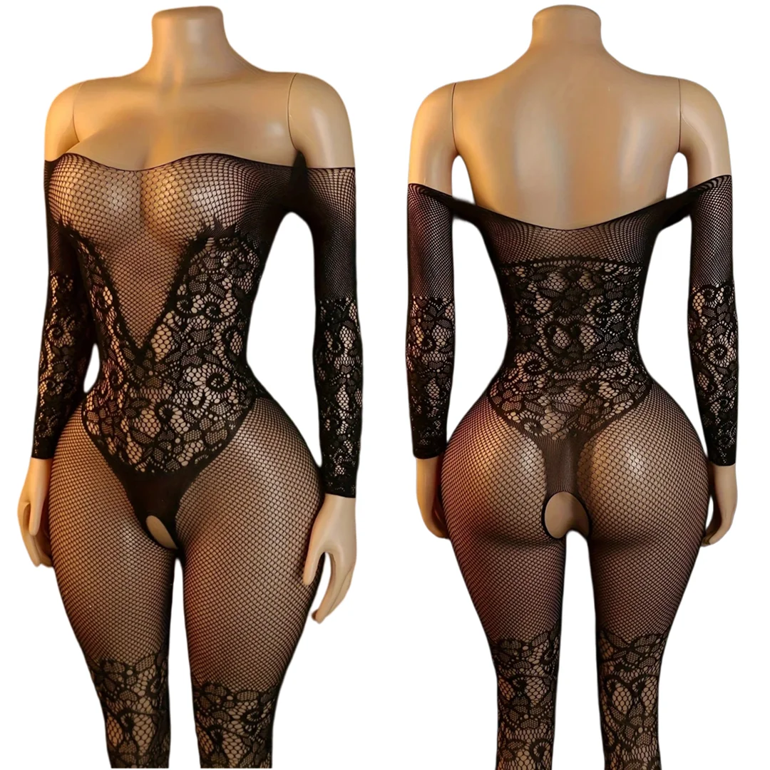Sexy Strapless One-Shoulder Open Crotch Mesh Bodysuit,Knit Fabric Body Stocking With Hollow Detail, Adult Women's Bodystockings