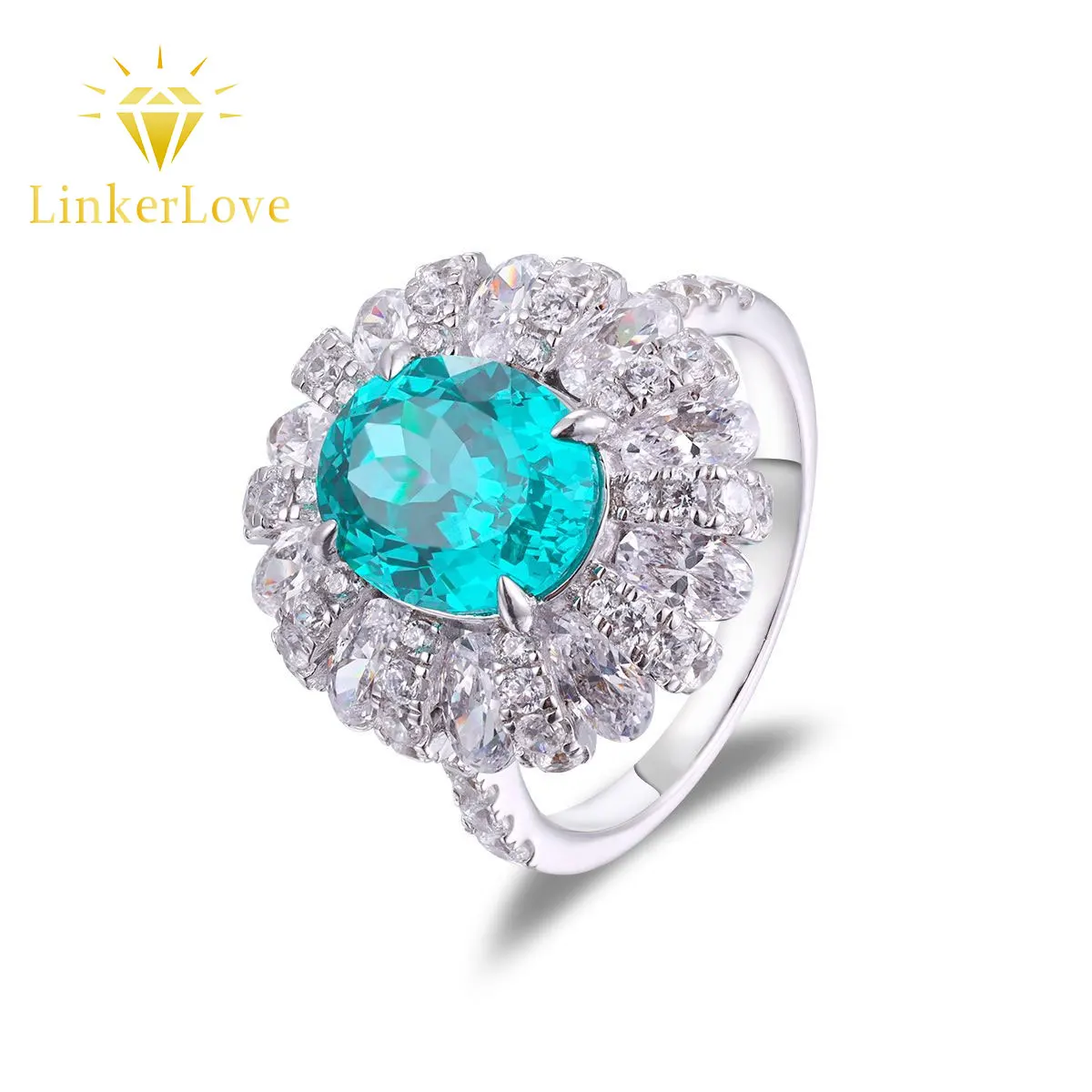 

LinkerLove 5CT Oval Cut Paraiba Tourmaline Engagement Ring for Women 925 Silver White Gold Plated Halo Wedding Band Fine Jewelry