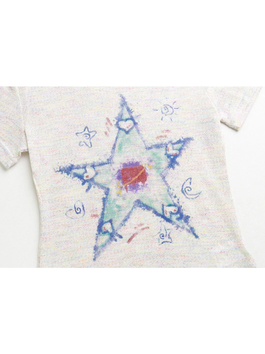 Rbrich 아메리칸 슬림핏 스타 프린트 오르트 슬림핏 티셔츠 여성용 어깨 길이 핫 걸 탑 스트리트웨어 코튼...