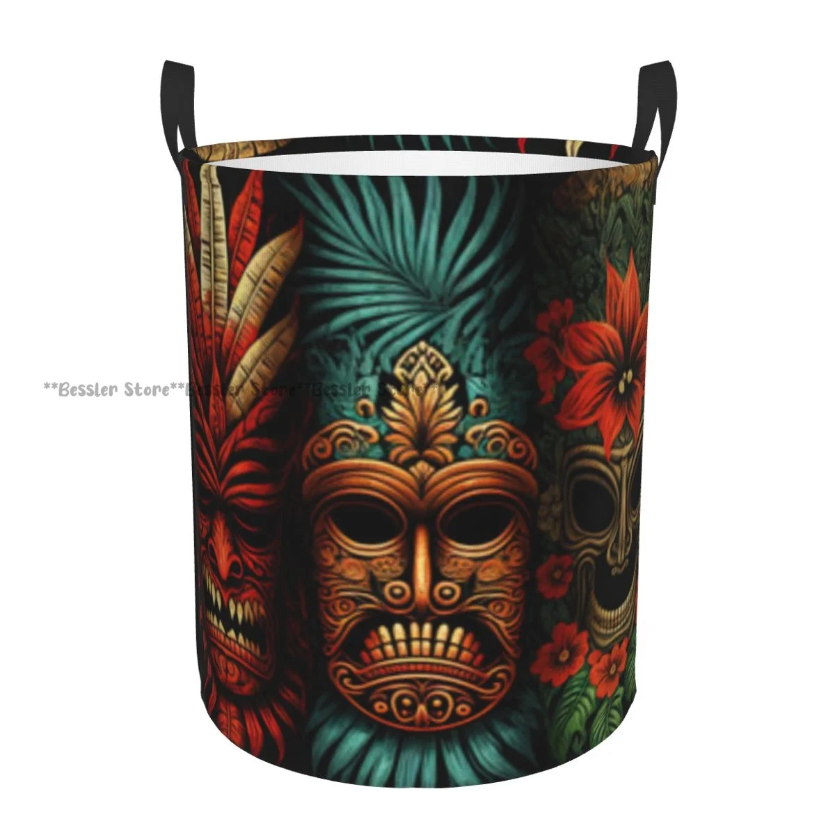 

Laundry Basket Traditional Tiki Mask Tropical Gods Background Round Storage Bin Collapsible Hamper Clothes Bucket Organizer