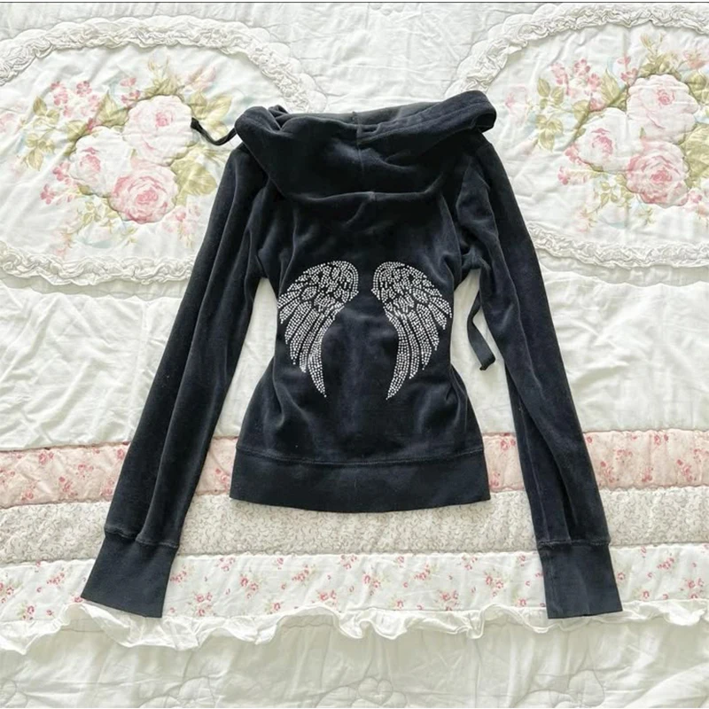 Chaqueta vintage estilo grunge con cremallera, sudadera con estampado de alas para otoño e invierno, sudadera con capucha ajustada, tendencia de moda gótica, ropa exterior urbana ajustada estilo y2k