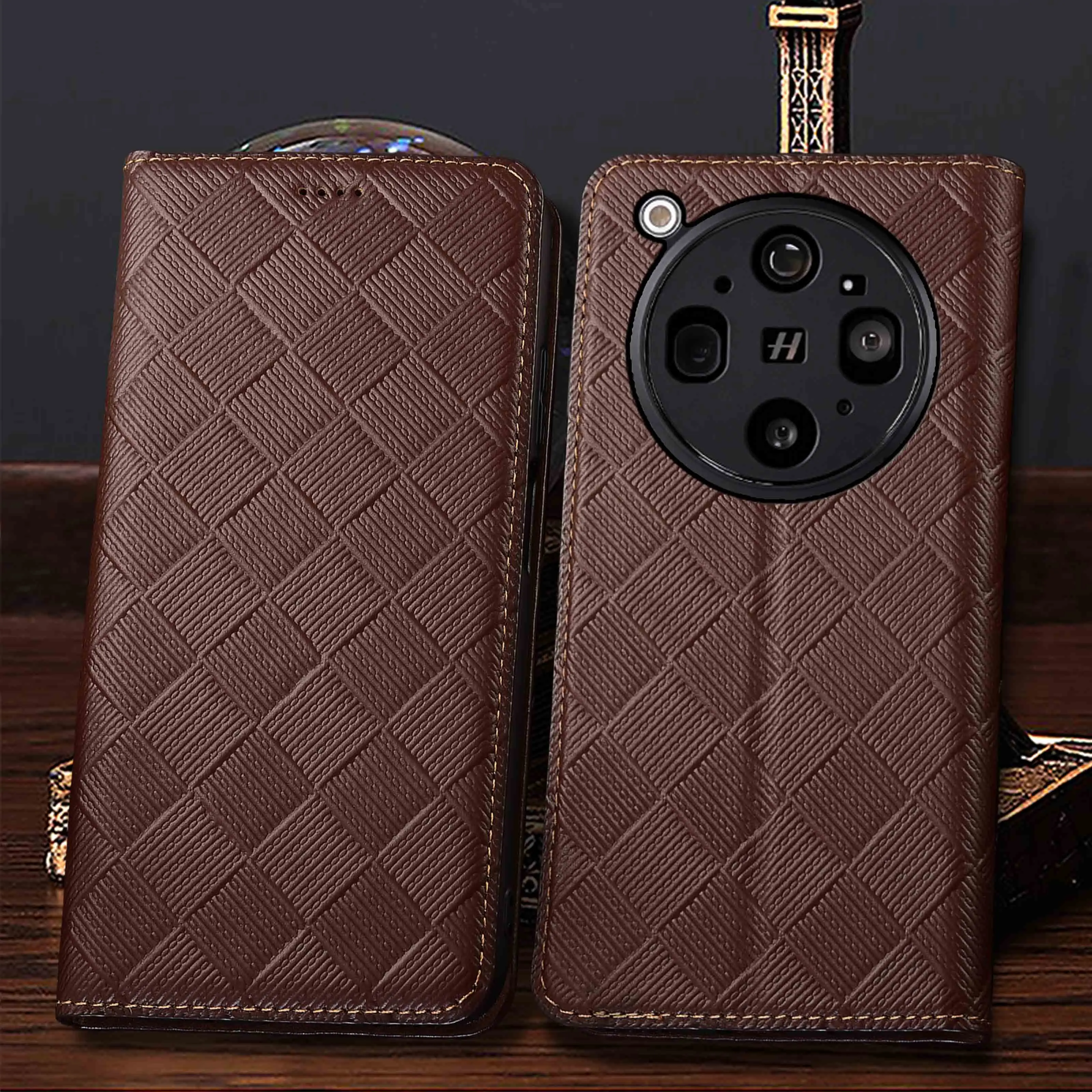 Genuine Leather Phone Case For OPPO Find X5 X6 X7 X8 X8S X9 Pro Plus Ultra Lite Knit Pattern Of Flip Cover Case Cowhide Non-Slip