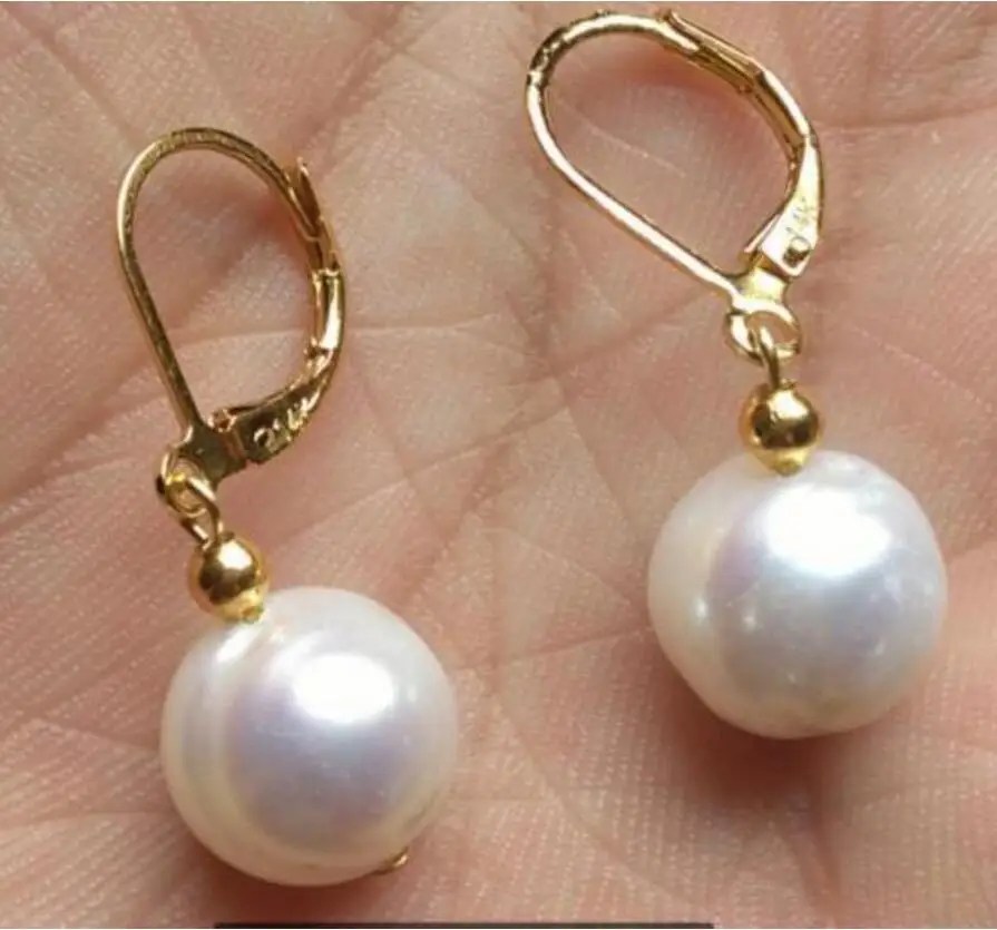 

HUGE AAA 11-12MM SOUTH SEA WHITE PEARL DANGLE EARRING GOLD