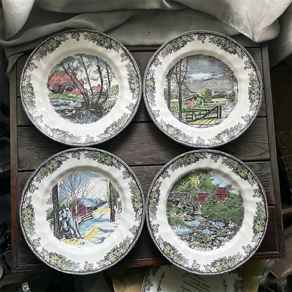 10.5-inch Four Seasons Manor Pattern Ceramic Plate European Household Oil Painting Style Banquet Plates