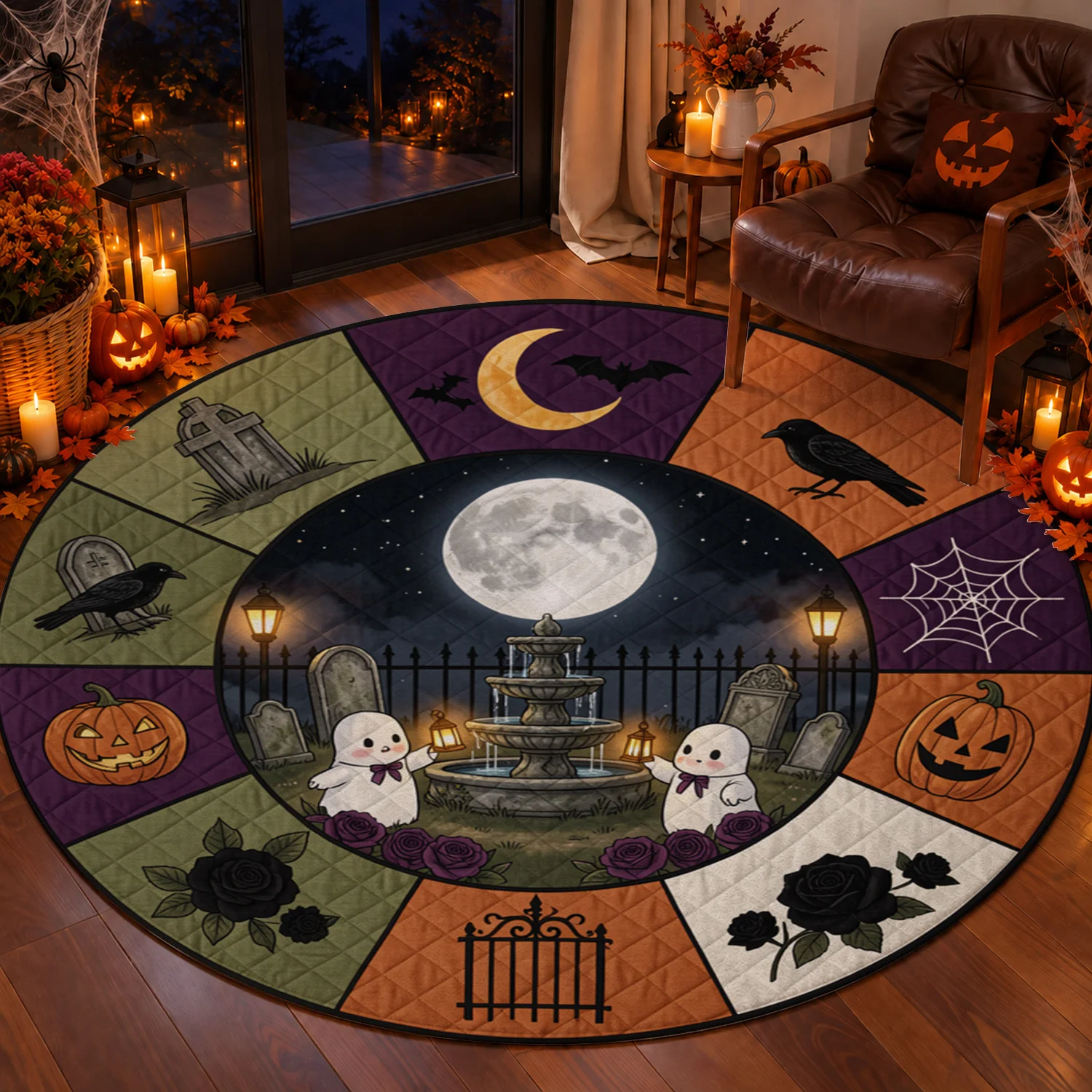 Halloween Ghost Pumpkin Cemetery Moon Bat Circular Pattern Round Floor Rug, Velvet, Machine Washable, Suitable for Living Room, Bedroom, Entryway, Dining Area, Ideal for Halloween, Thanksgiving, Christmas, New Year, Black Friday, Cyber Monday