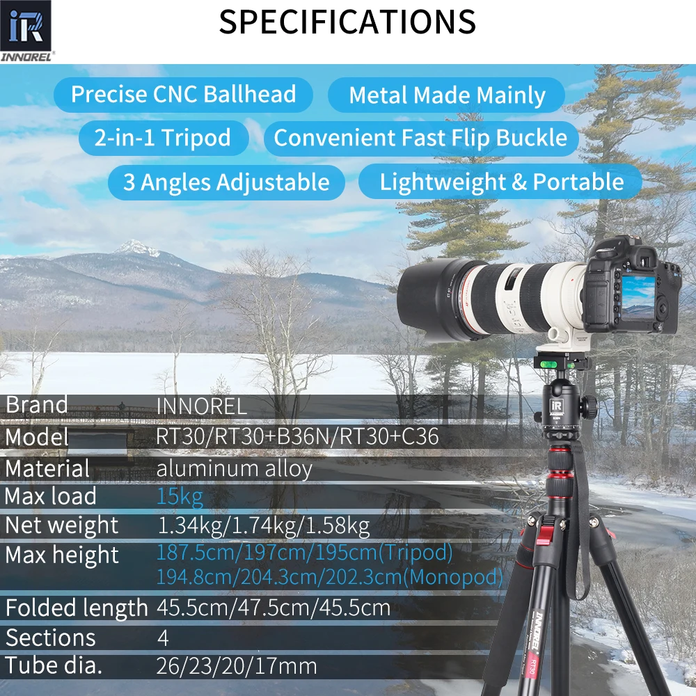 RT30 treppiede professionale monopiede in lega di alluminio Fast Flip Lock supporto per fotocamera da viaggio alto per videocamera DSLR testa a sfera da 36mm